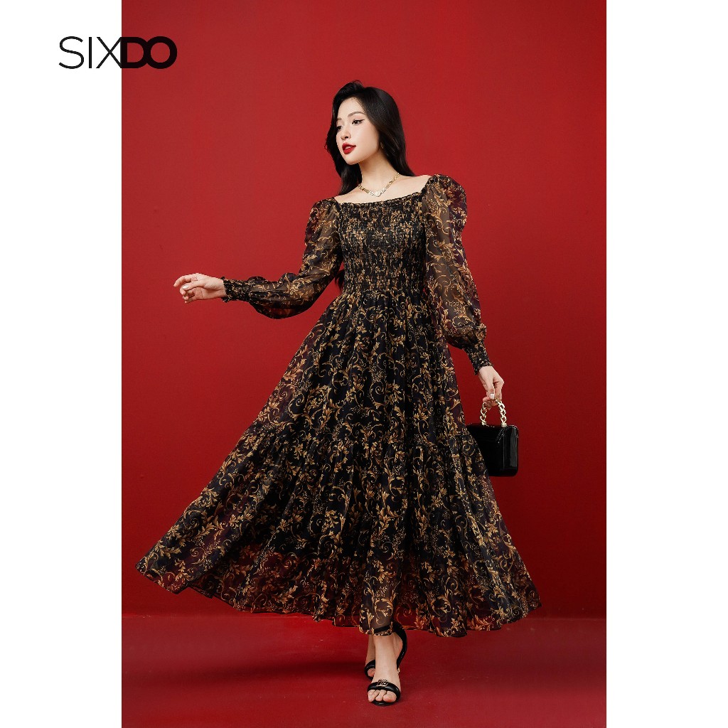 Đầm midi voan dài tay chun ngực họa tiết baroque SIXDO (Black Baroque Print Bishop Sleeves Midi Voile Dress)