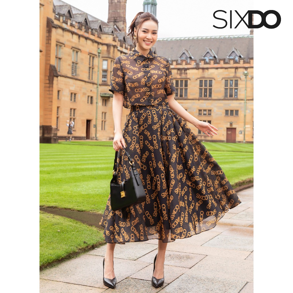 Chân váy tơ dáng xòe họa tiết logo SIXDO (Black SIXDO Pleated Midi Skirt)