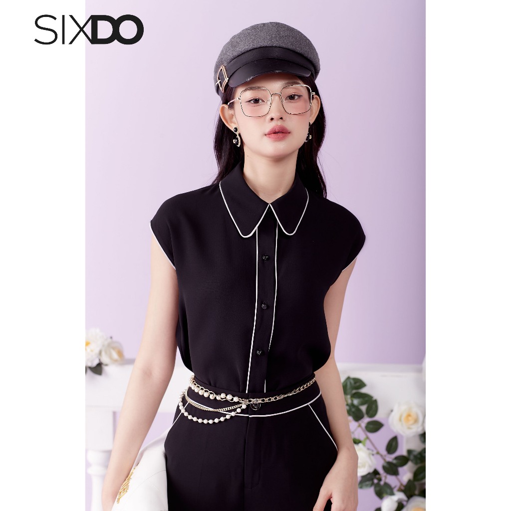 Áo sơ mi woven tay hến đen phối line trắng SIXDO (Black Cap Sleeves Woven Shirt)