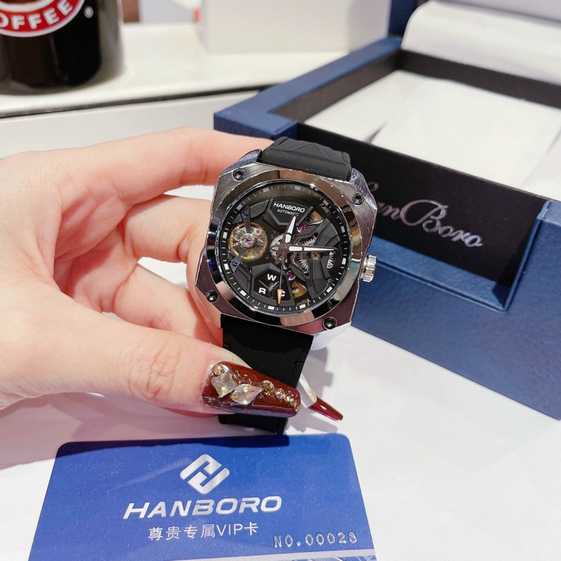 Đồng hồ nam Hanboro chính hãng mặt vuông kim chỉ phủ dạ quang 42mm
