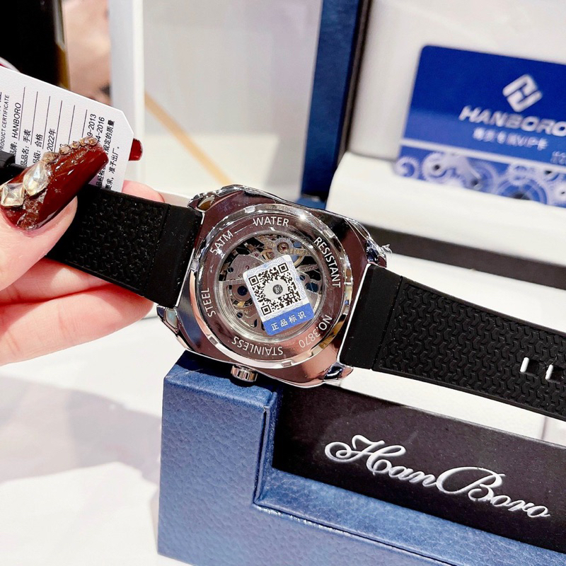 Đồng hồ nam Hanboro chính hãng mặt vuông kim chỉ phủ dạ quang 42mm