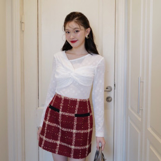 Set áo giữ nhiệt và chân váy dạ tweed đỏ _trang hoangg_ w20238-9