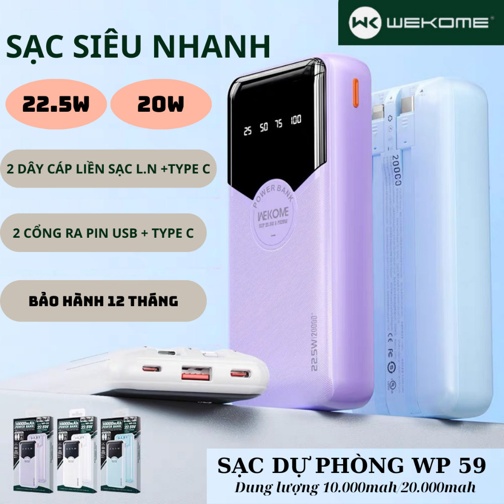 Sạc dự phòng dung lượng 10000mah 20000mah WEKOME WP59, sạc nhanh 22.5w tích hợp sẵn cáp cho điện thoại, pin tích điện...