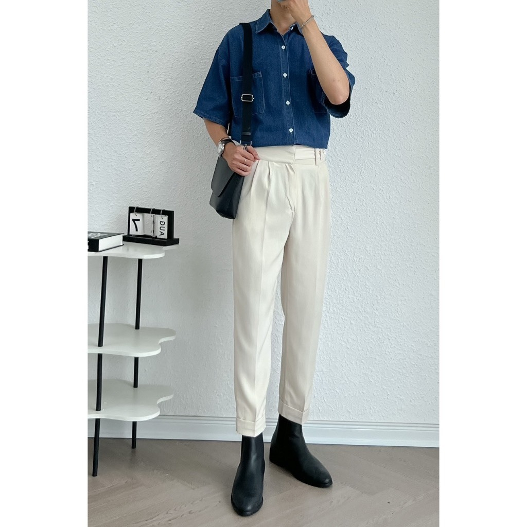 Quần Âu Nam Quần Baggy Nam Phong Cách Hàn Quốc Cạp Cúc Lệch Ống Suông/Quanbaggycuclech8020