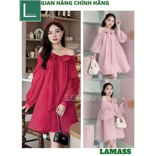 Váy công chúa trễ vai buộc nơ voan tơ 2 lớp tay bồng dáng rộng xinh xắn thời trang bánh bèo hàn quốc - LAMA