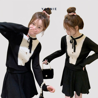 Áo len nữ tiểu thư đen phối trắng cổ nơ dáng ngắn Yannie