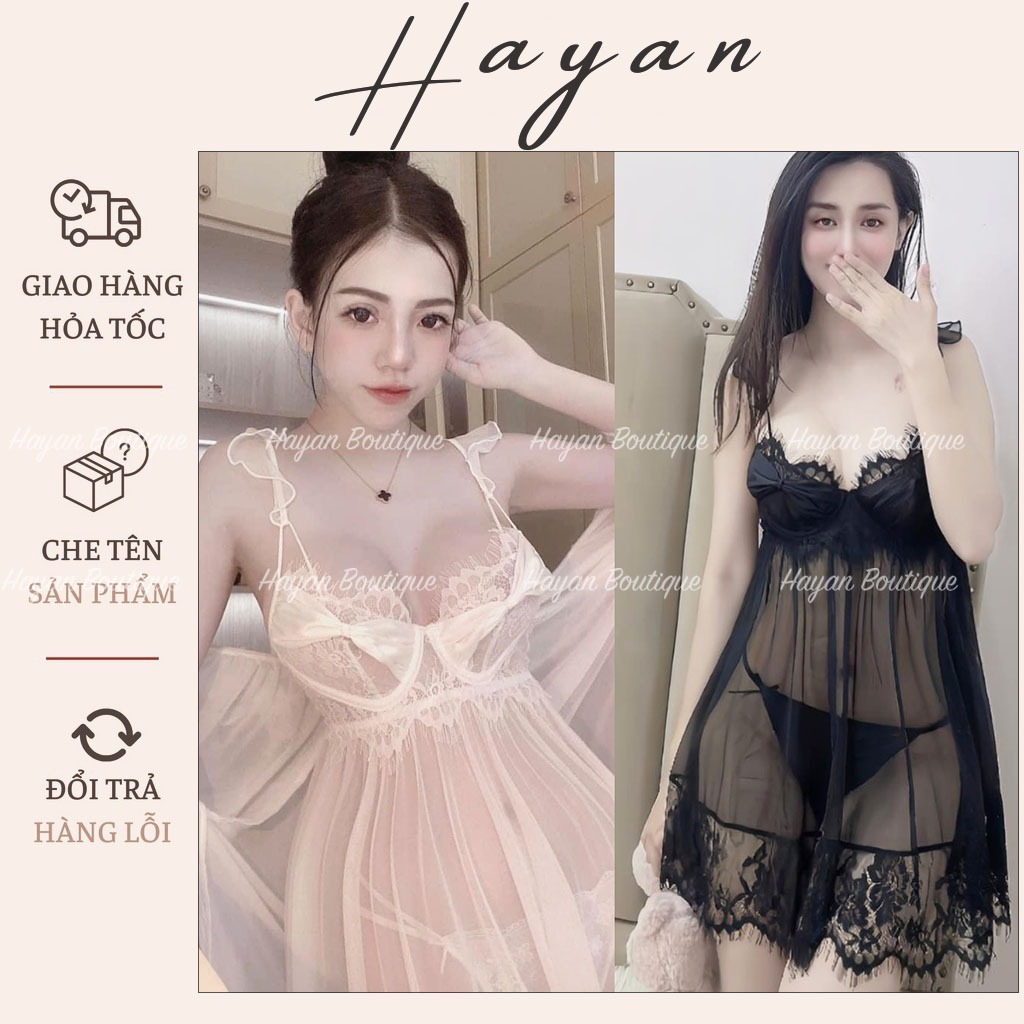 HT118 Váy ngủ sexy xuyên thấu nơ ngực có GỌNG tặng CHÍP, đầm ngủ ren dáng xoè quyến rũ HT118