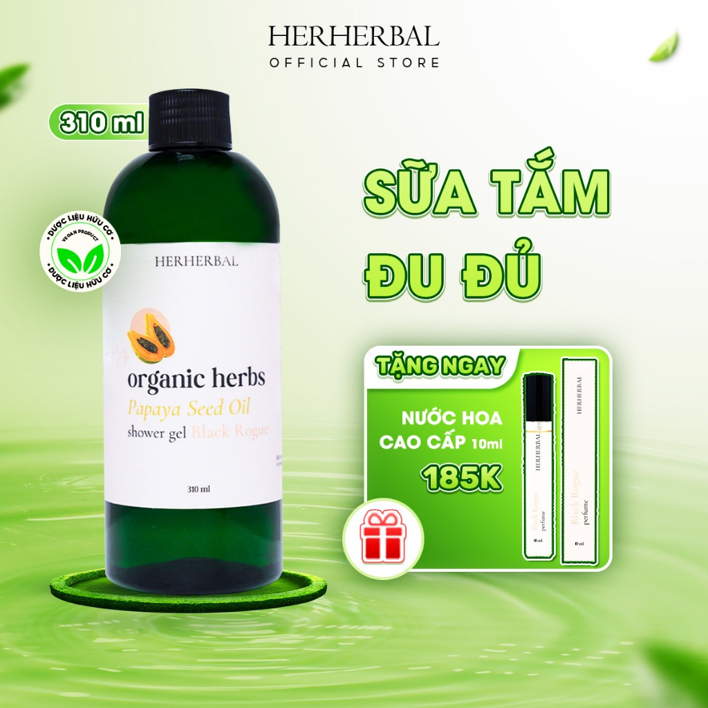 Sữa Tắm Dược Liệu Giảm Mụn Dưỡng ẨmHerherbal Chiết Xuất hạt đu đủ Thảo Dược hữu cơ Black Rogue 310ml