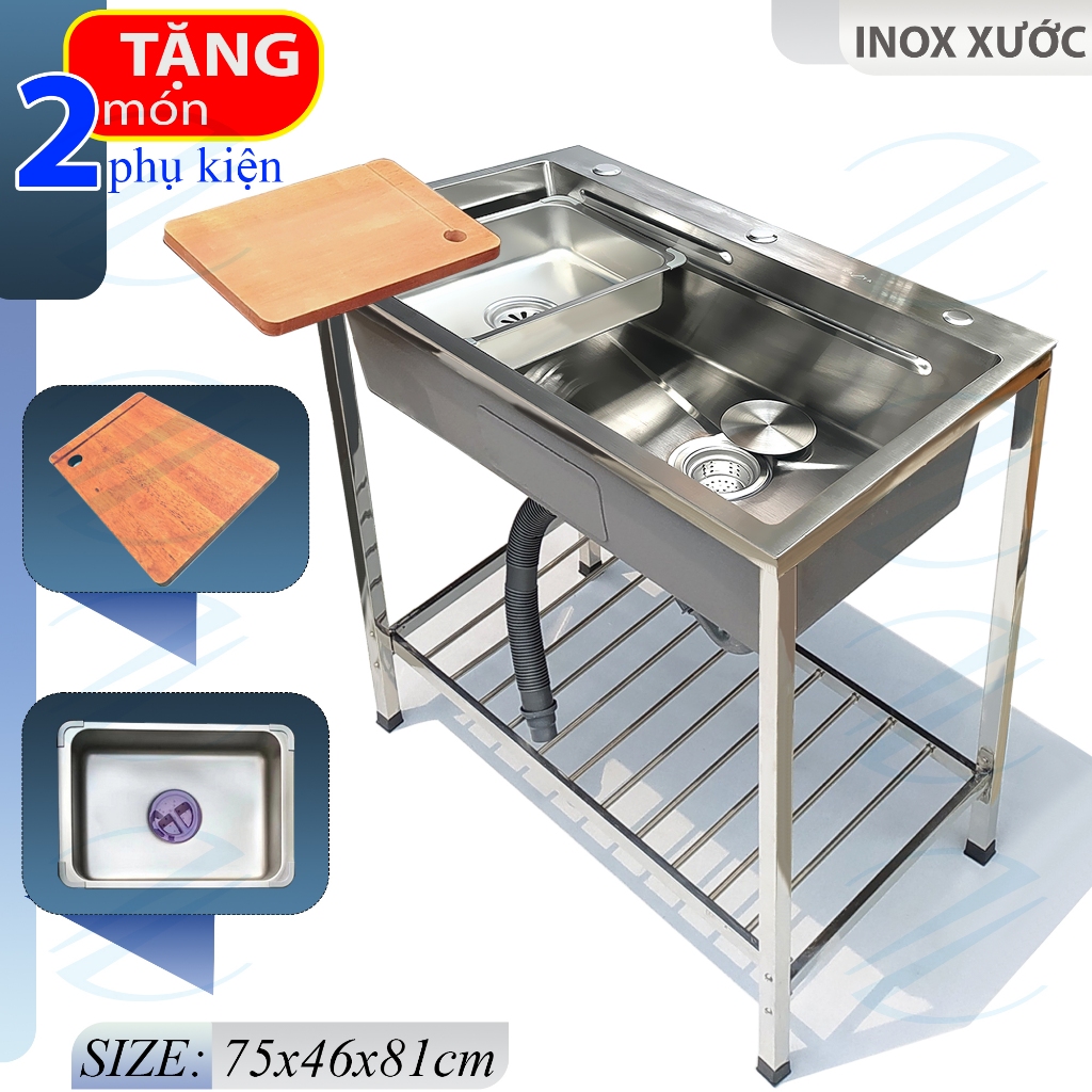 COMBO Chậu Rửa Chén Bát Inox Có Chân 75x46cm KAZTA Kèm Vòi Nước Lạnh Đầu Dây Rút - Mua đủ bộ Tặng Khay inox, thớt,..
