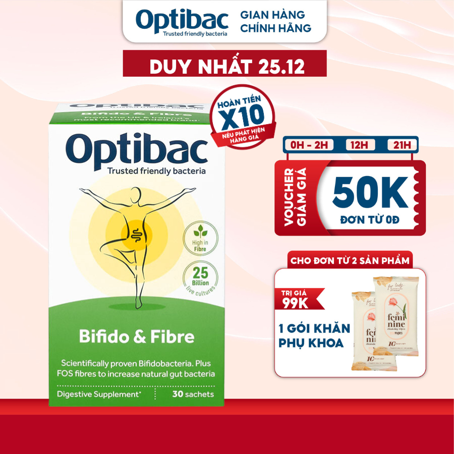 Men uống vi sinh Optibac Bifido Fibre cung cấp chất xơ, giảm thiểu táo bón hộp 30 gói