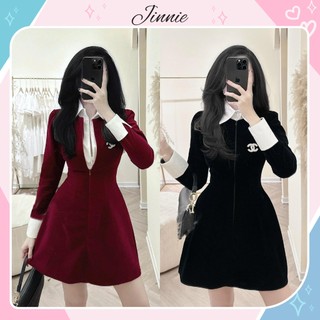 Váy nhung phối cổ sơ mi tay lật khoá kéo sang chảnh phong cách hàn quốc