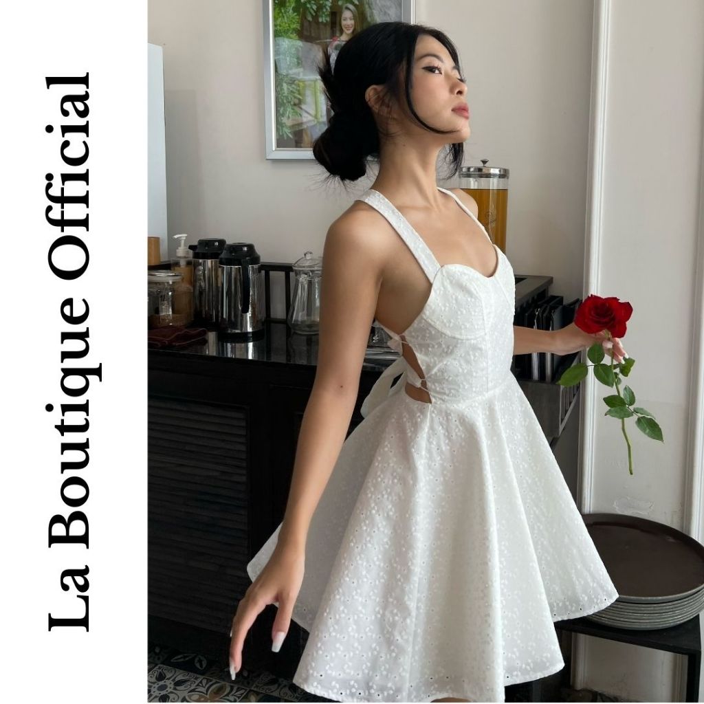 Đầm hai dây hở lưng đan dây vải xô La Boutique nữ tính bánh bèo