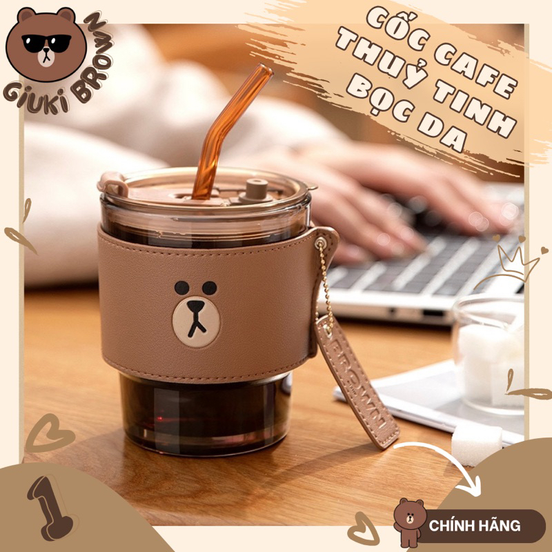 [Giuki Brown] Cốc thủy tinh cầm tay cao cấp bọc da [Line Friends]