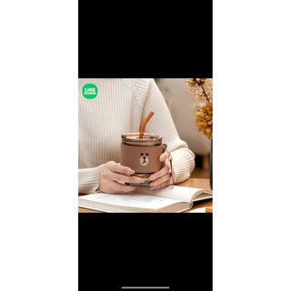 [Giuki Brown] Cốc thủy tinh cầm tay cao cấp bọc da [Line Friends]