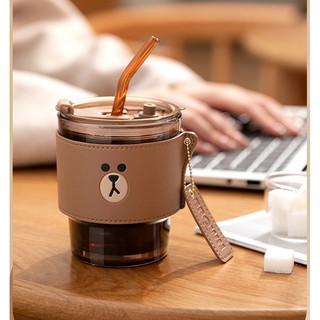 [Giuki Brown] Cốc thủy tinh cầm tay cao cấp bọc da [Line Friends]