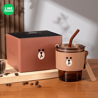 [Giuki Brown] Cốc thủy tinh cầm tay cao cấp bọc da [Line Friends]