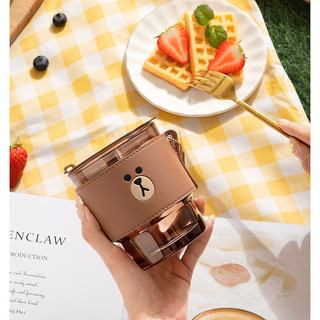[Giuki Brown] Cốc thủy tinh cầm tay cao cấp bọc da [Line Friends]