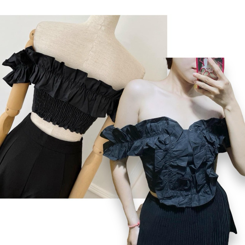 Áo croptop trễ vai nhún bèo