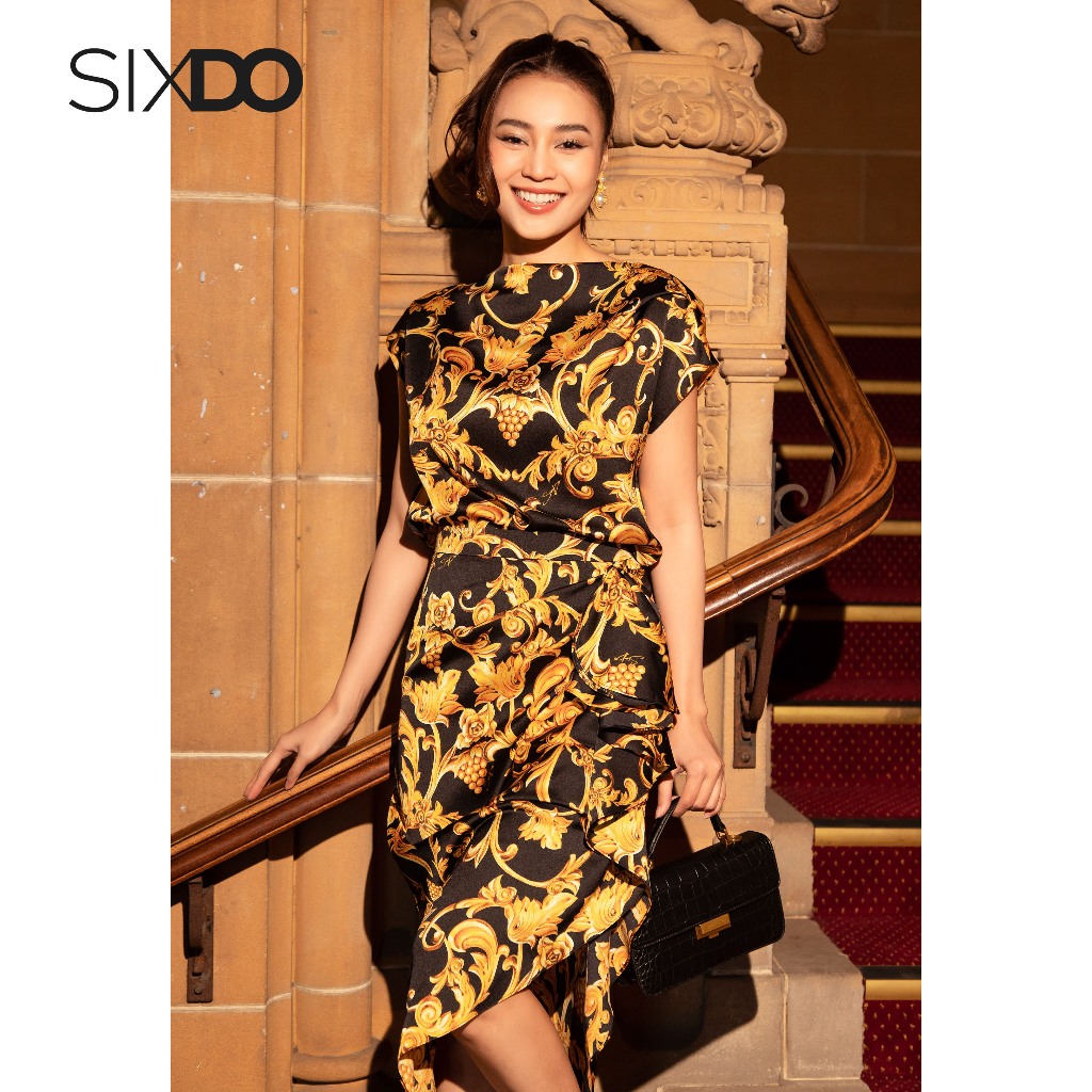 Áo lụa nữ ngắn tay họa tiết baroque SIXDO (Black Baroque Print Silk Top)