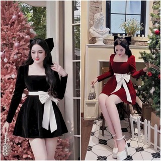 Đầm nhung tay dài đính nơ to xinh xắn 2 màu đỏ đen rực rỡ mùa noel,tết