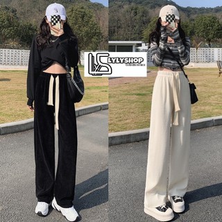  Quần ống rộng nỉ nhung tăm Lylyshop Unisex kiểu quần dài cạp chun có dây rút điều chỉnh eo 