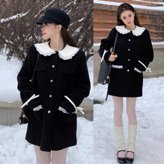 (CÓ SẴN) Áo dạ wool ép lông cừu cổ ren tay nơ phong cách Nertro Hàn Quốc-clip thật shop quay