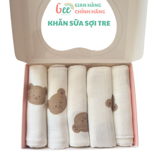Khăn sữa sợi tre Gee, set 5 khăn xô họa tiết gấu nâu dễ thương, mềm mịn, thấm hút, kháng khuẩn, kích thước 30x30cm