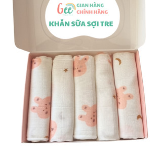 Khăn sữa sợi tre Gee, set 5 khăn xô họa tiết thỏ hồng đáng yêu, mềm mịn, thấm hút, kháng khuẩn, kích thước 30x30cm