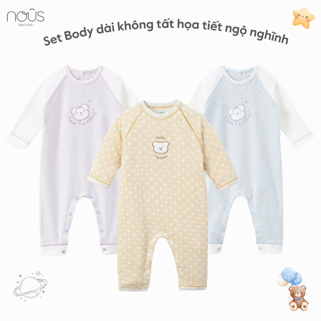 Bodysuit không tất Nous thêu họa tiết dễ thương, chất liệu Nu Velours giữ nhiệt tốt cho bé (size 0-12 tháng)