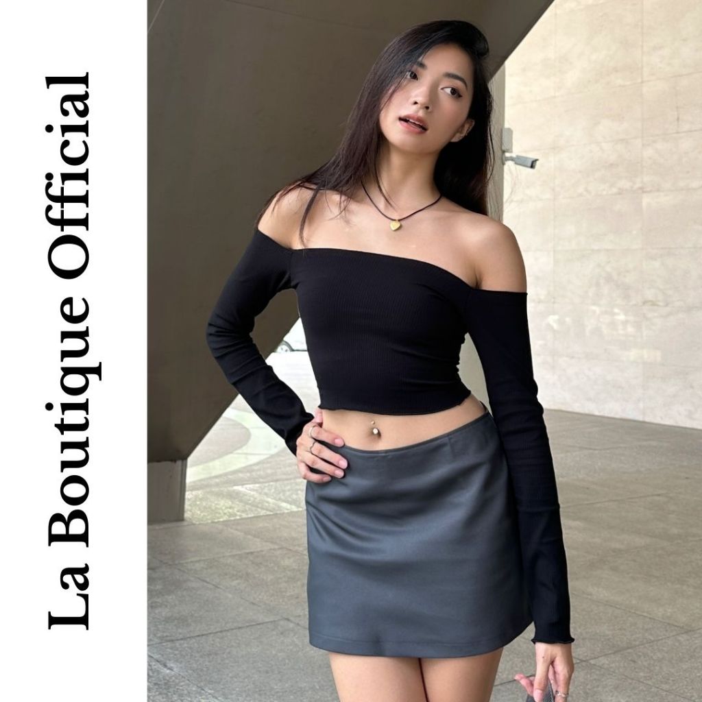 Áo Croptop Trễ Vai Tay Dài La Boutique Thun Gân Co Dãn 4 Chiều Có Bigsize