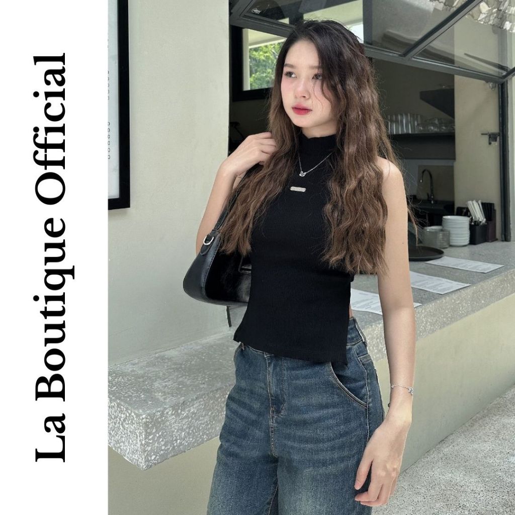 Croptop cổ lọ hở lưng La Boutique ôm gọn body tôn dáng vải co giãn 4 chiều