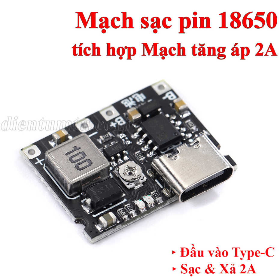Mạch sạc pin 18650 TC4056 1S tích hợp Mạch tăng áp 2A từ 4V lên 28V - Cổng Type-C UPS mini