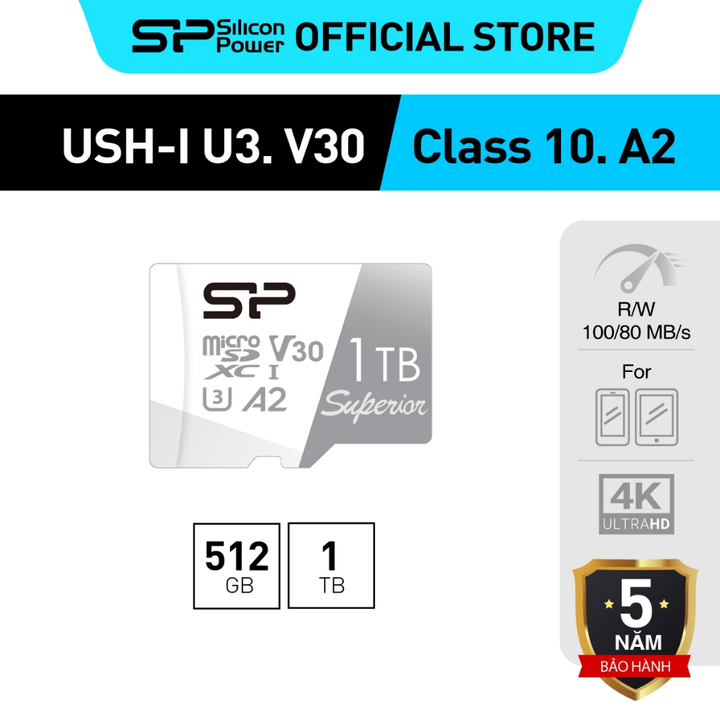 Thẻ nhớ Silicon Power 512GB/1TB 100MB/s đọc microSDXC UHS-I C10 U3 V30 A2 Micro SD Card, 4K Video Bảo Hành 5 Năm