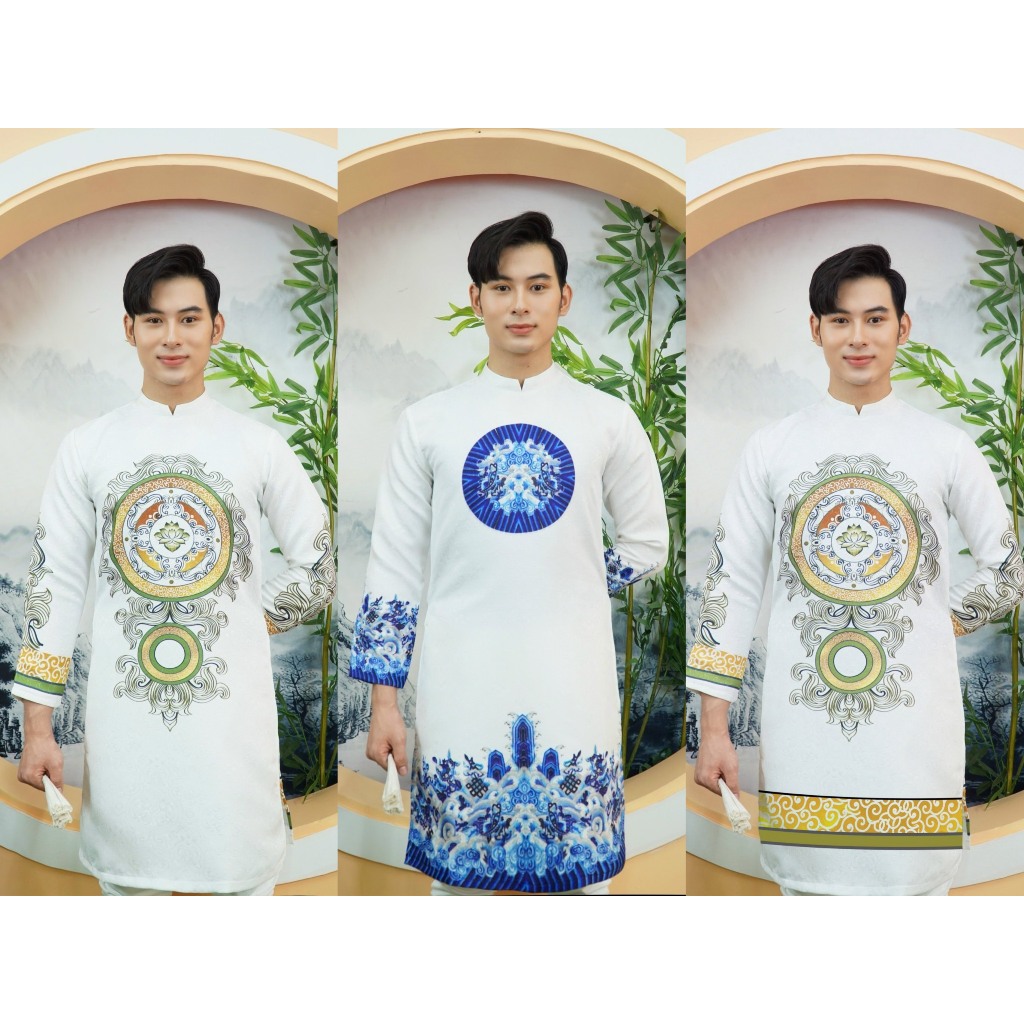 Áo dài tết cho nam vải gấm cao cấp in hình có size lớn 50kg-92kg