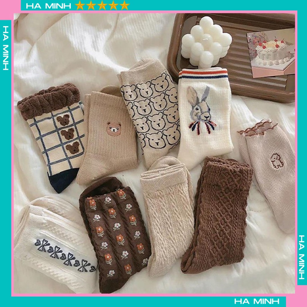 Tất Nữ Cổ Cao Phong Cách Vintage Đáng Yêu Vớ Nữ Cổ Cao Họa Tiết Tối Màu ( 1 Đôi )