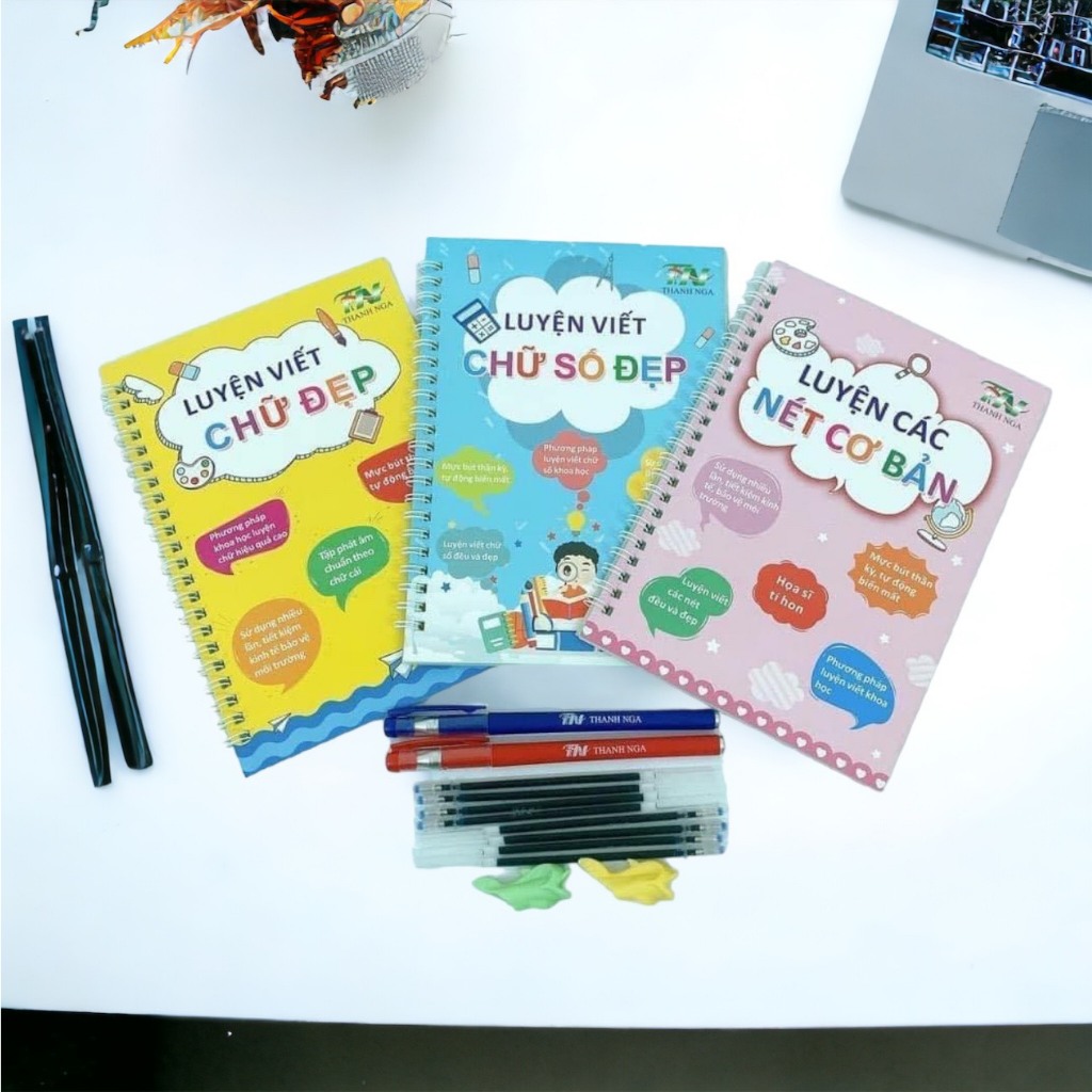 Bộ 3 Vở Luyện Chữ - Số - Nét Cơ Bản Tự Xóa Thông Minh Cho Bé, Tặng kèm 2 Bút bay màu + 8 Ngòi + 2 Cá heo cầm bút