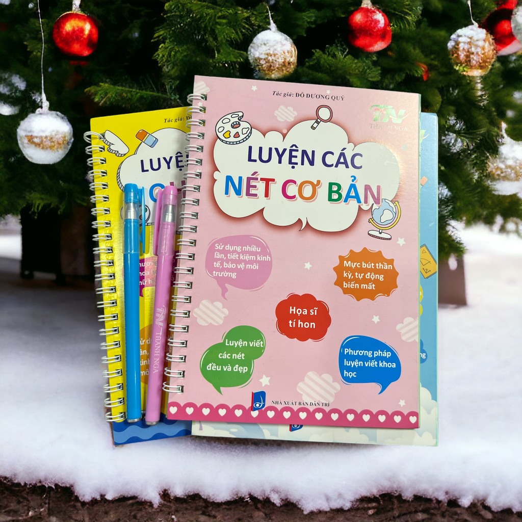 Bộ 3 Vở Luyện Chữ - Số - Nét Cơ Bản Tự Xóa Thông Minh Cho Bé, Tặng kèm 2 Bút bay màu + 8 Ngòi + 2 Cá heo cầm bút