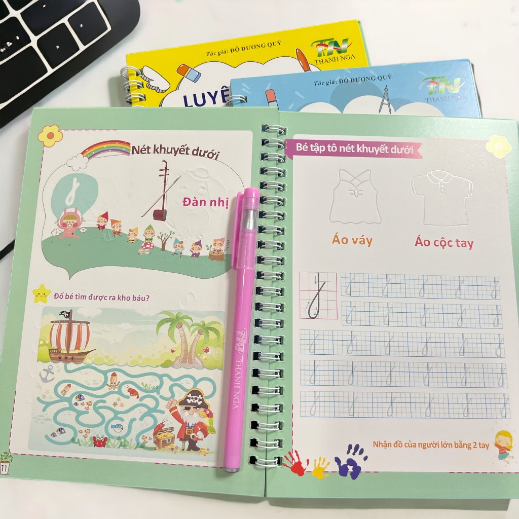 Bộ 3 Vở Luyện Chữ - Số - Nét Cơ Bản Tự Xóa Thông Minh Cho Bé, Tặng kèm 2 Bút bay màu + 8 Ngòi + 2 Cá heo cầm bút