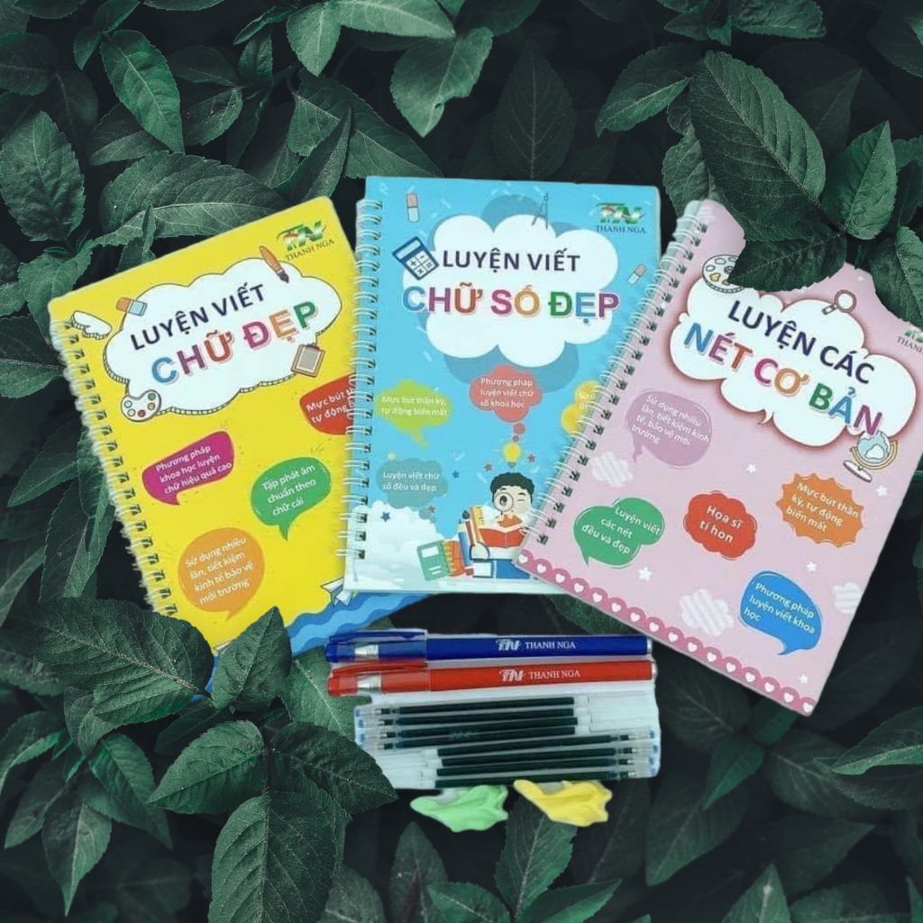 Bộ 3 Vở Luyện Chữ - Số - Nét Cơ Bản Tự Xóa Thông Minh Cho Bé, Tặng kèm 2 Bút bay màu + 8 Ngòi + 2 Cá heo cầm bút