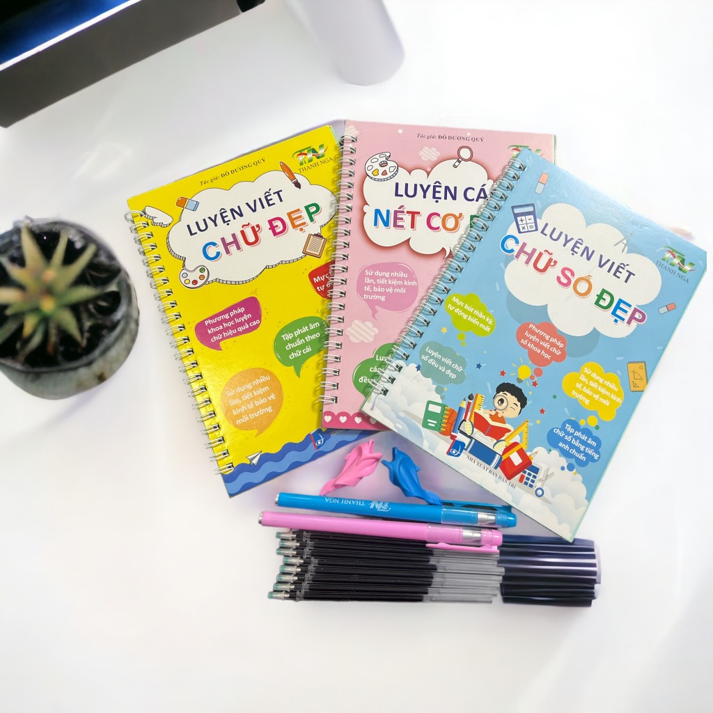 Bộ 3 Vở Luyện Chữ - Số - Nét Cơ Bản Tự Xóa Thông Minh Cho Bé, Tặng kèm 2 Bút bay màu + 8 Ngòi + 2 Cá heo cầm bút