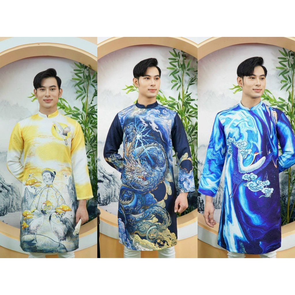 Áo dài nam áo dài thiết kế tết 2024 vải gấm in cao cấp có size lớn 92kg