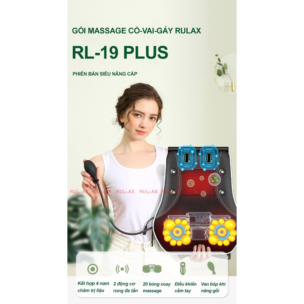 Gối Massage Cổ Vai Gáy Hồng Ngoại RULAX RL19 PLUS Phiên Bản Cao Cấp Kết Hợp Nam Châm,Kèm Điều Khiển |BH 12 Tháng|