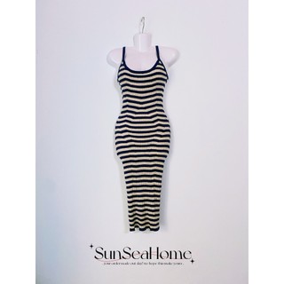 Đầm váy mongtoghi body 2 dây kẻ ngang màu xanh be secondhand