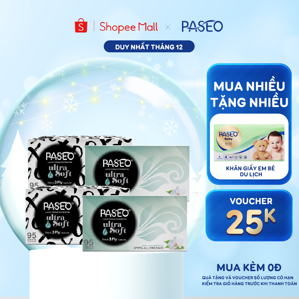 Combo 4 hộp khăn giấy lau mặt Paseo Hypo-allergic XOXO 95 tờ, 3 lớp, mềm mịn như nhung, PEFC cert.