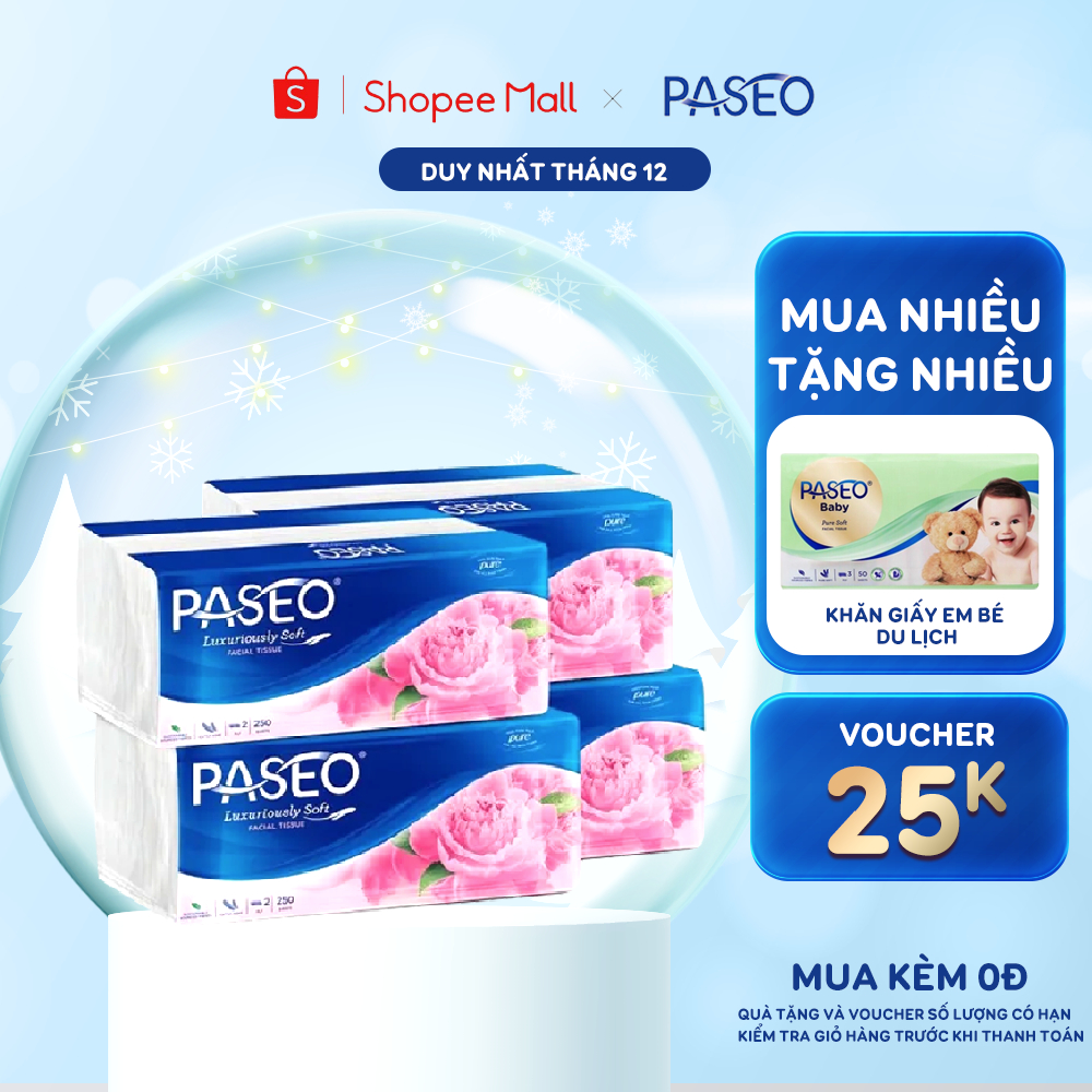 Combo 4 gói khăn giấy rút cao cấp Paseo dai, mềm mịn (250 tờ 2 lớp)/gói