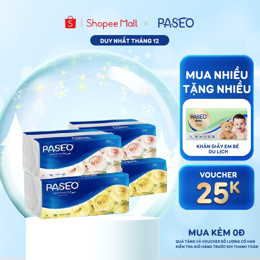 Combo 4 gói khăn giấy rút cao cấp Paseo dai, mềm mịn 220 tờ 2 lớp