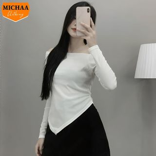 Áo tay dài trễ vai vạt nhọn nhún một bên, áo thun tay dài trễ vai michaa add37