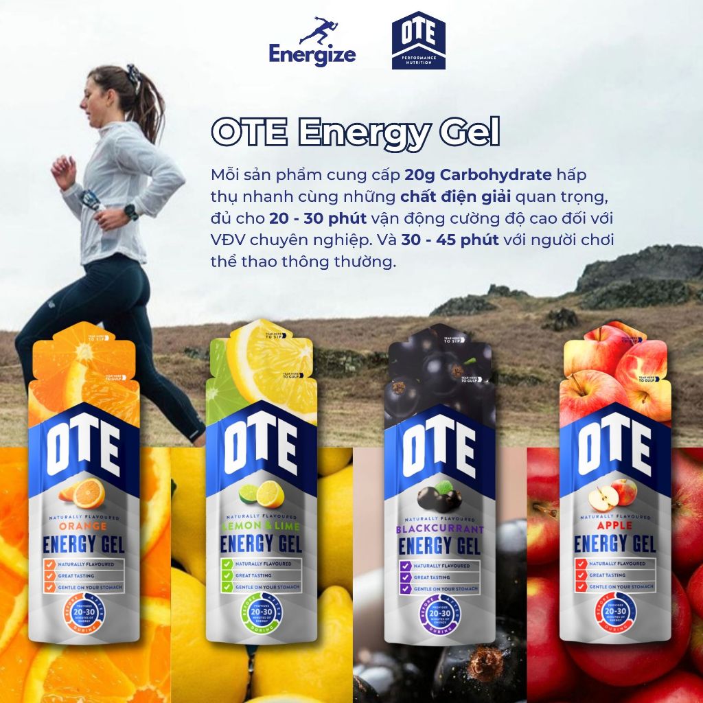 Gel Năng Lượng Nhanh Thể Thao OTE Energy Gel, Dạng Lỏng Dễ Ăn, Chiết Xuất Hoa Quả Tự Nhiên, Dễ Dàng Tiêu Hóa