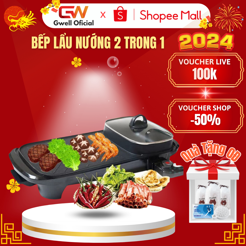 Bếp lẩu nướng 2in1 GWELL đa năng cao cấp dài,nồi lẩu kiêm nướng công suất 1300w,bề mặt tráng men chống dính