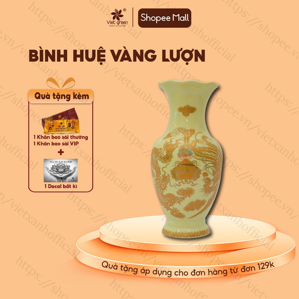 Lọ Lượn Vàng VIỆT XANH Gốm Sứ Bát Tràng Cao Cấp, Họa Tiết Tinh Xảo Trang Trí Ban Thờ Thần Tài, Thờ Gia Tiên